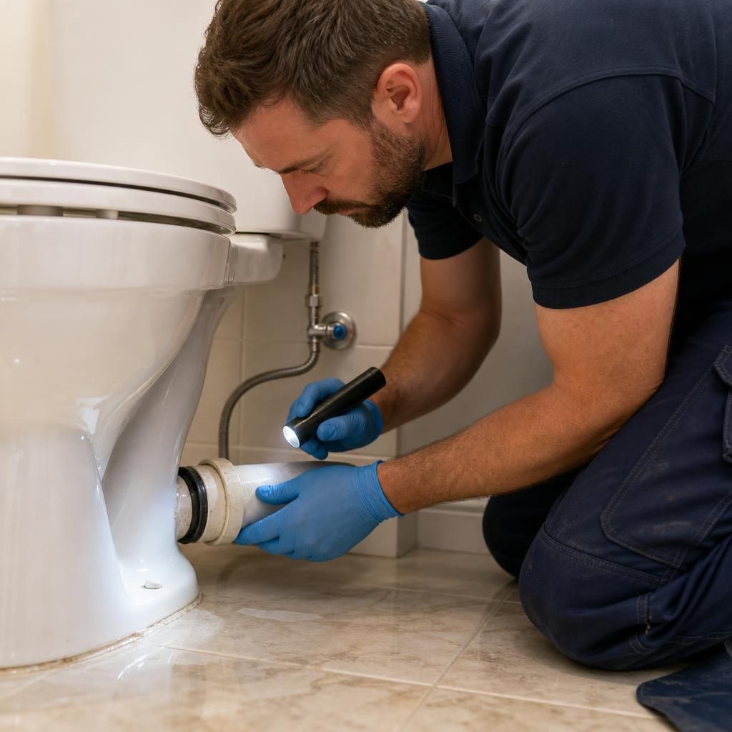 Plumber inspecting a leaking toilet base and checking the connected waste pipe