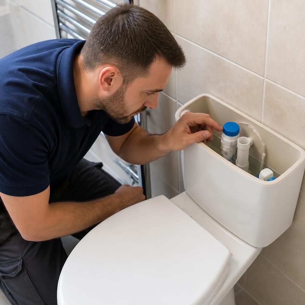 Plumber inspecting a toilet cistern and checking its internal components