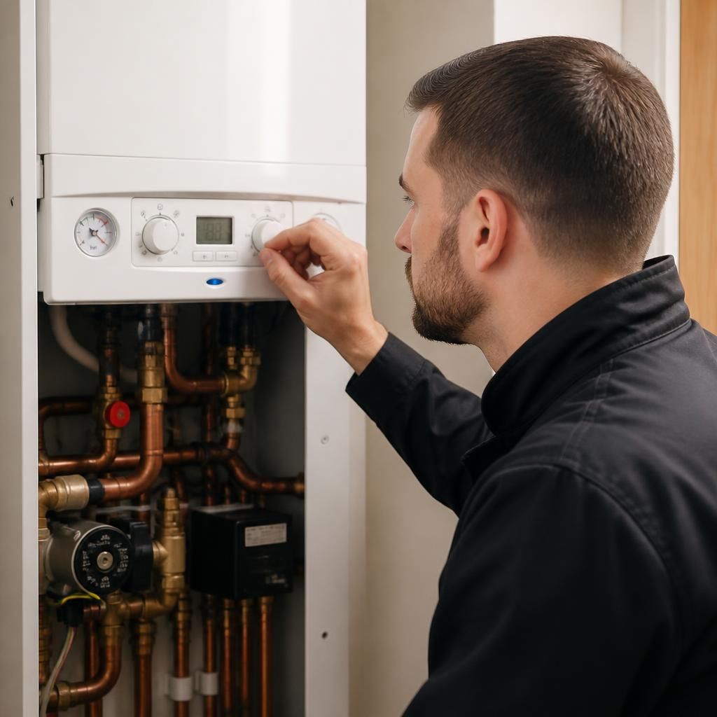 Engineer examining a boiler control panel and heating system components