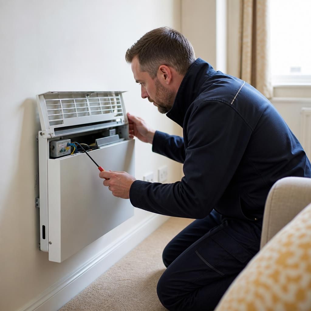 Heating engineer inspecting a wall-mounted heater in a rented home