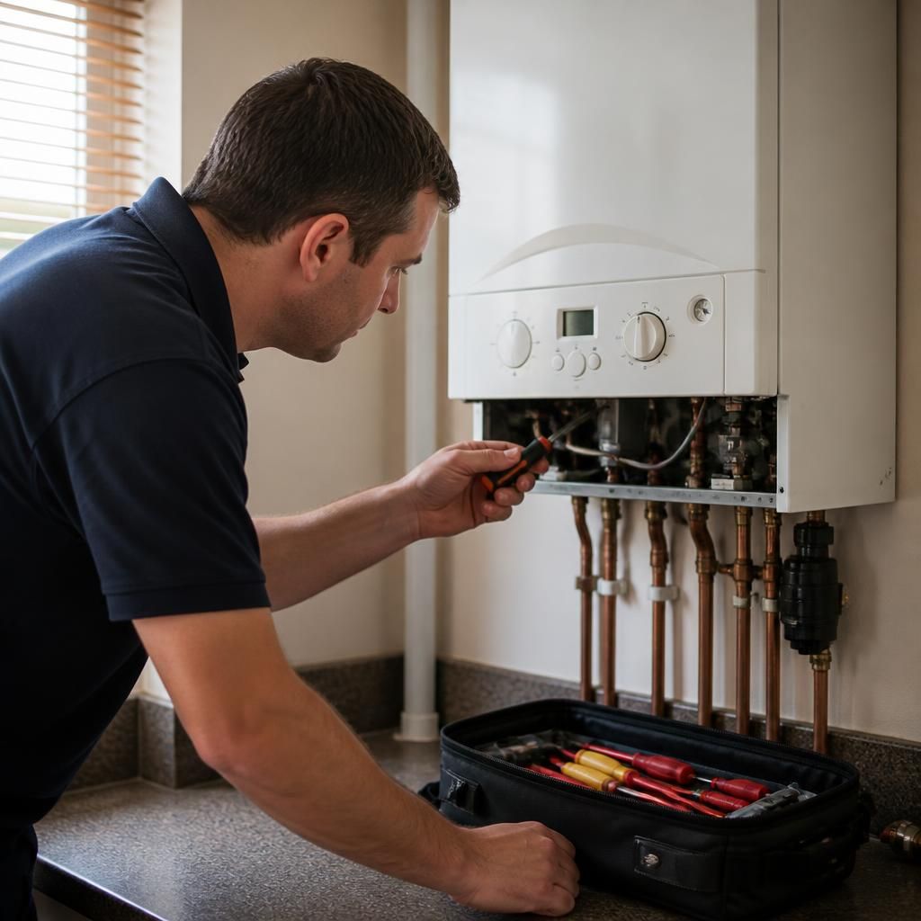 Engineer inspecting a wall-mounted boiler with tools beside the heating controls