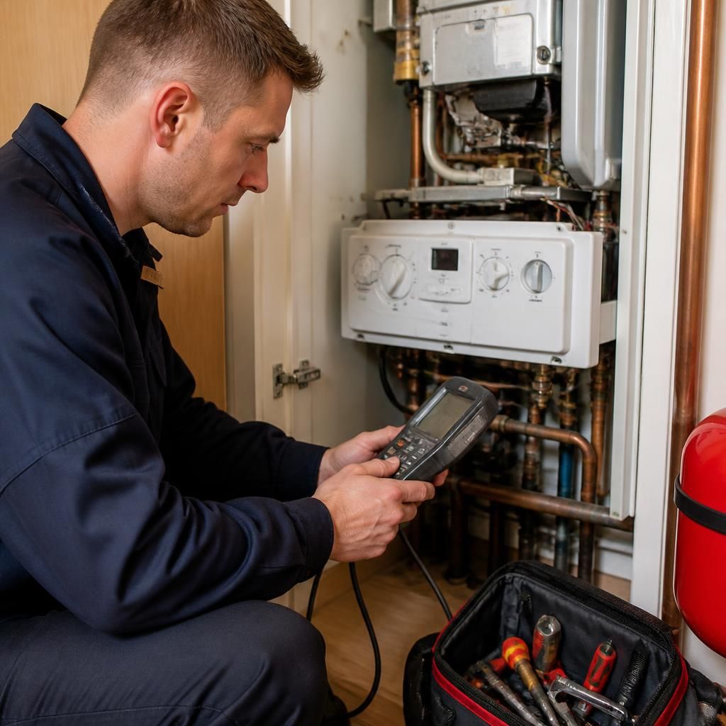 Engineer inspecting a domestic heating appliance with tools beside it