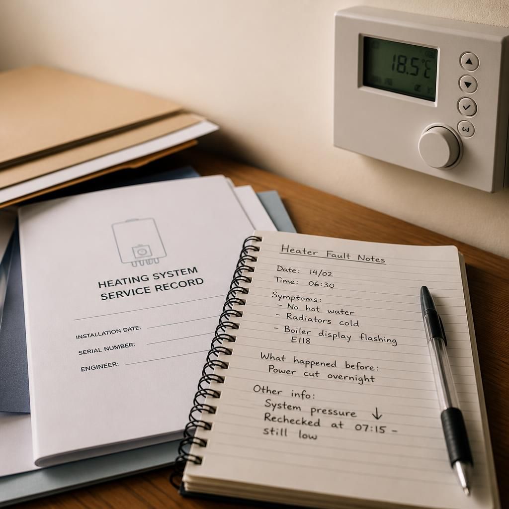Heater service records and handwritten fault notes beside a wall-mounted thermostat