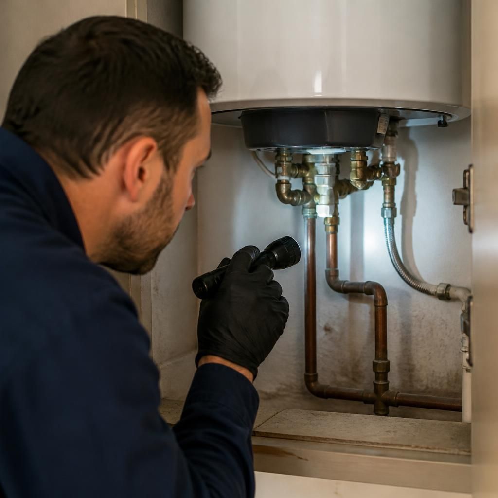 Plumber inspecting pipe connections beneath a domestic water heater with a torch