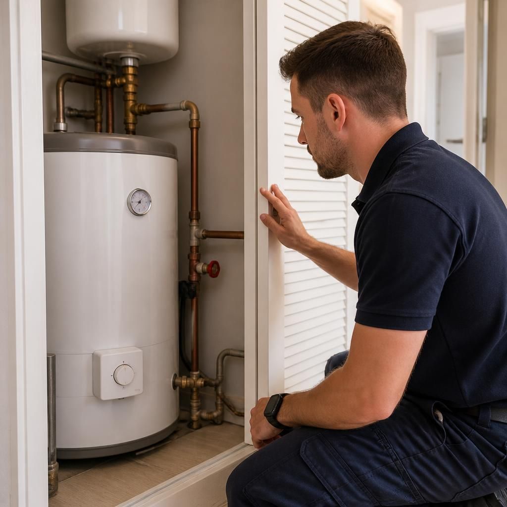 Plumber inspecting a water heater in a rented property's utility cupboard