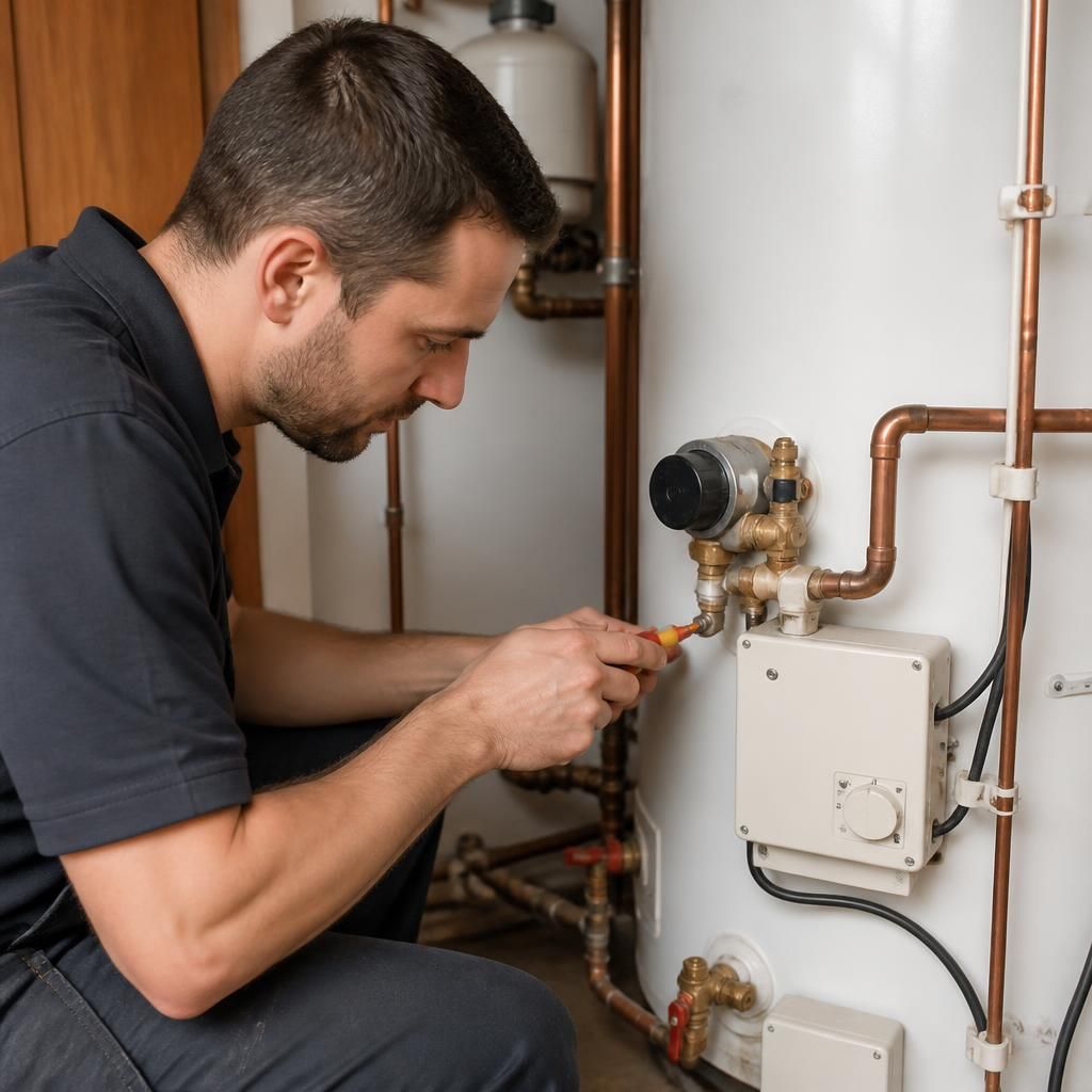 Plumber inspecting the connections and controls on a domestic water heater