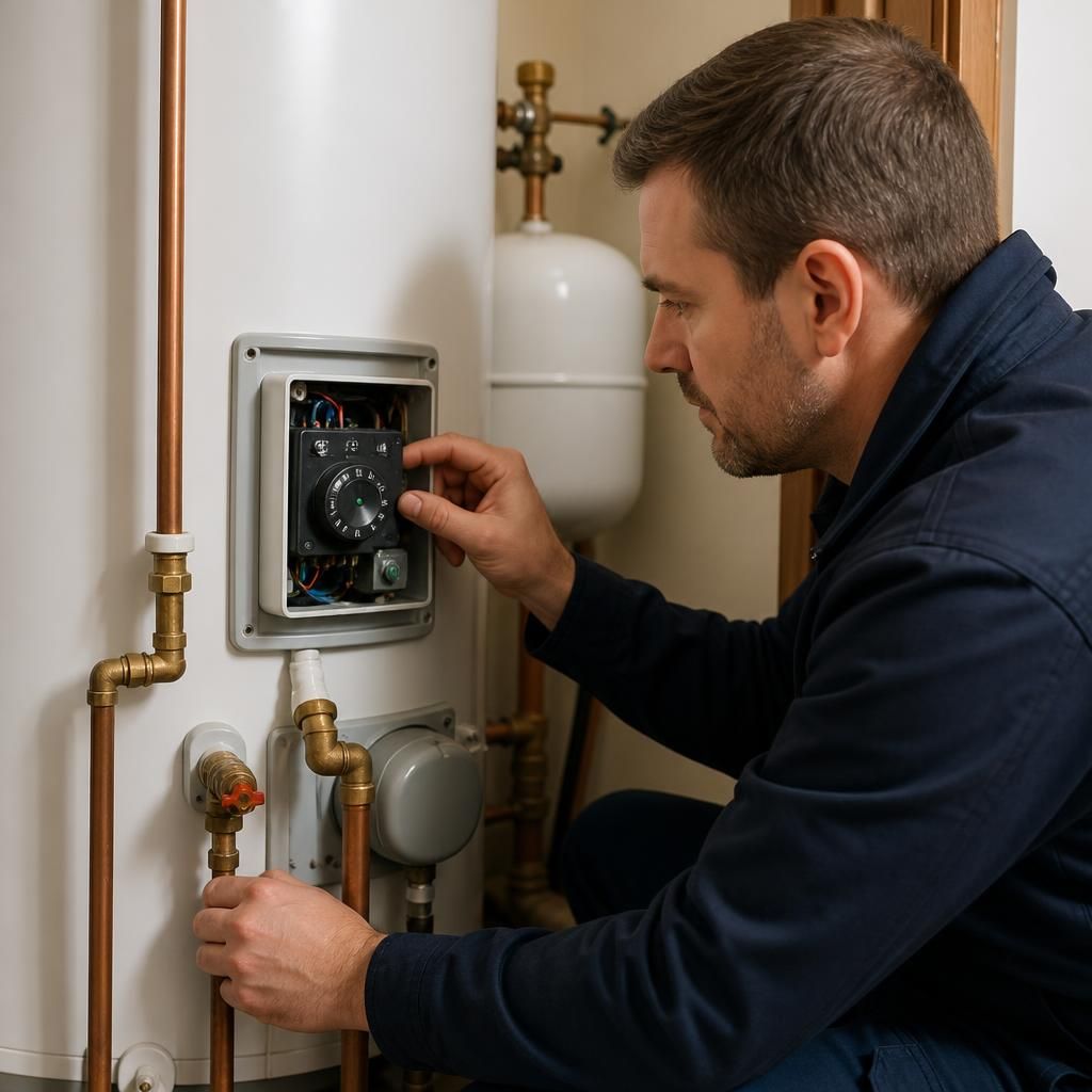 Plumber inspecting the thermostat and pipe connections on a domestic water heater
