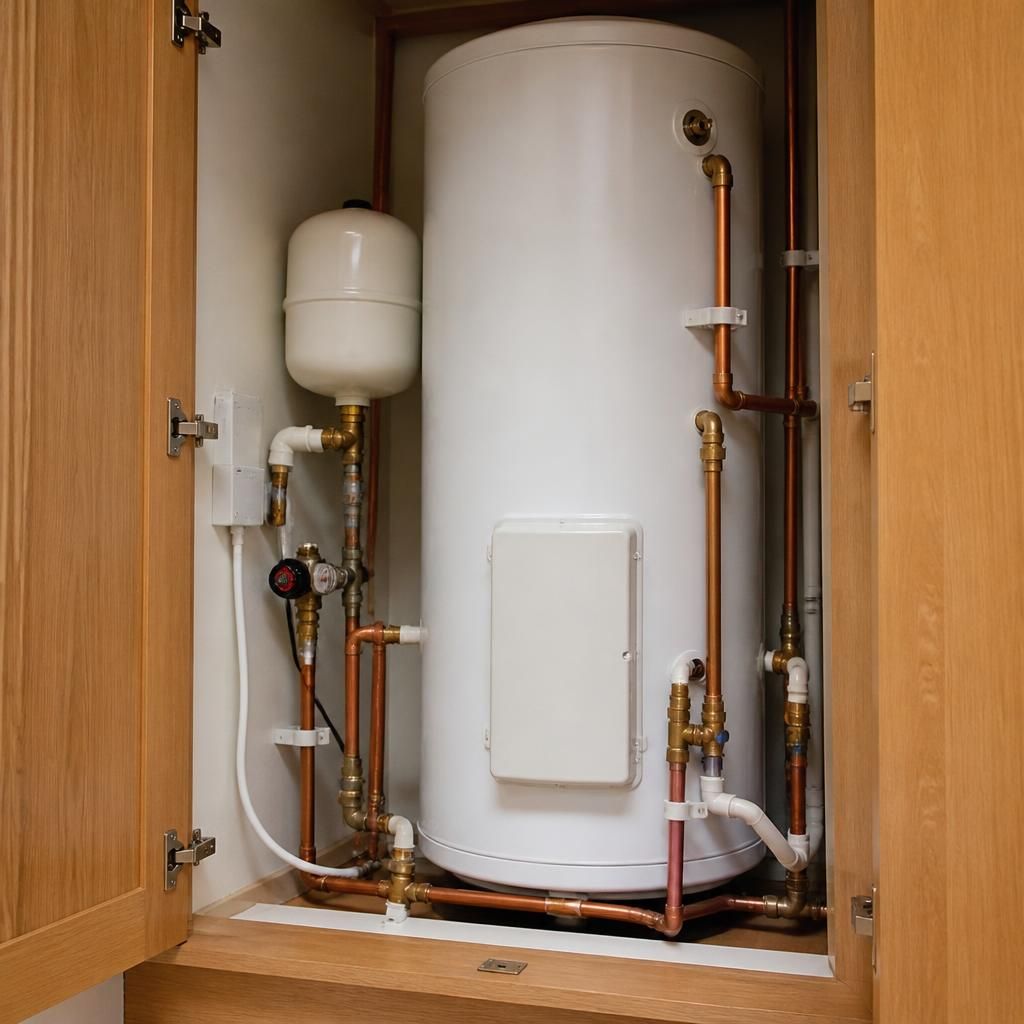 Water heater installed in a cupboard with its pipework and access panel visible