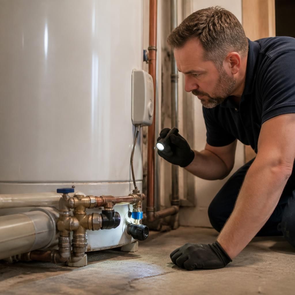 Plumber inspecting pipework beneath a water heater for signs of leakage