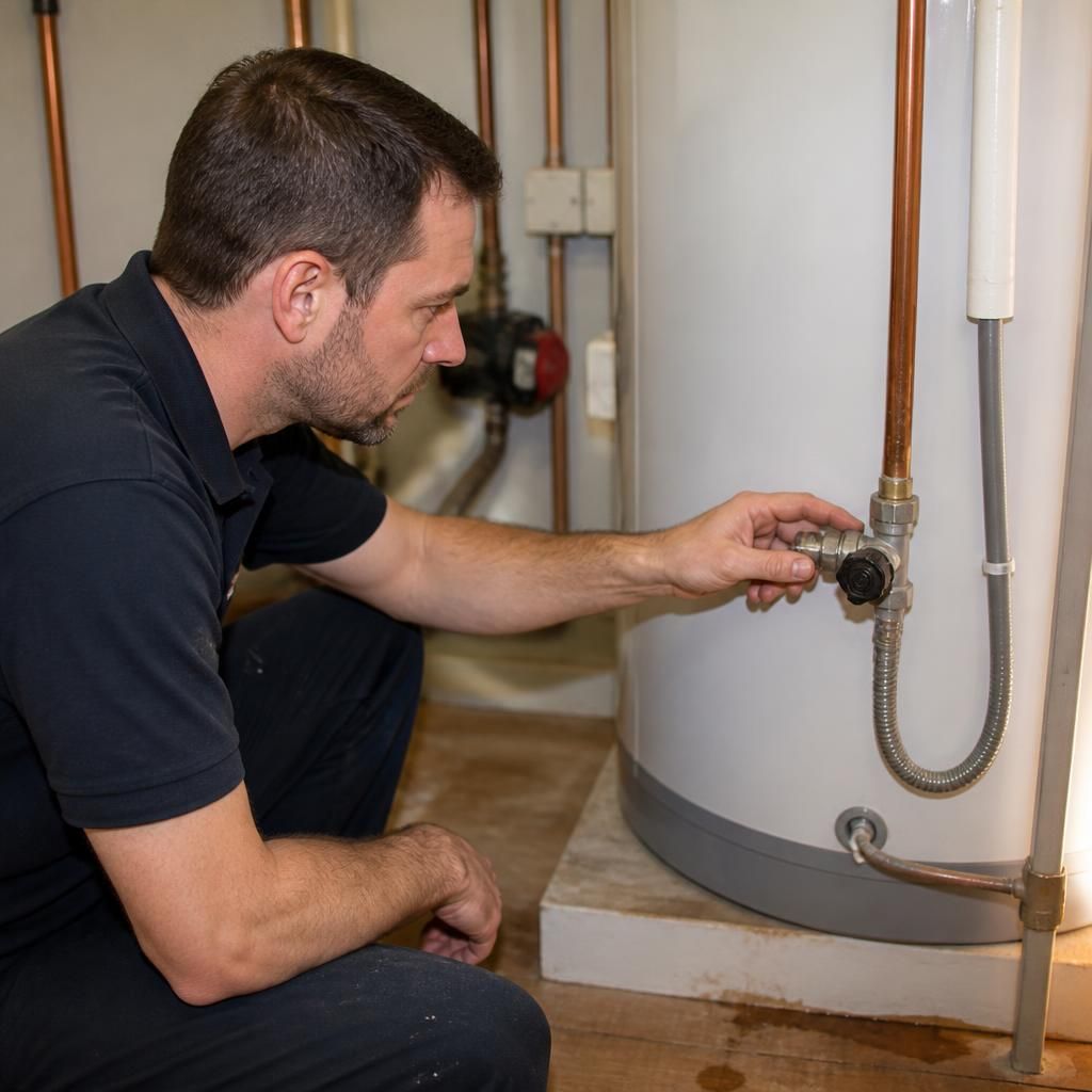 Plumber examining a water heater connection after a leak has been located