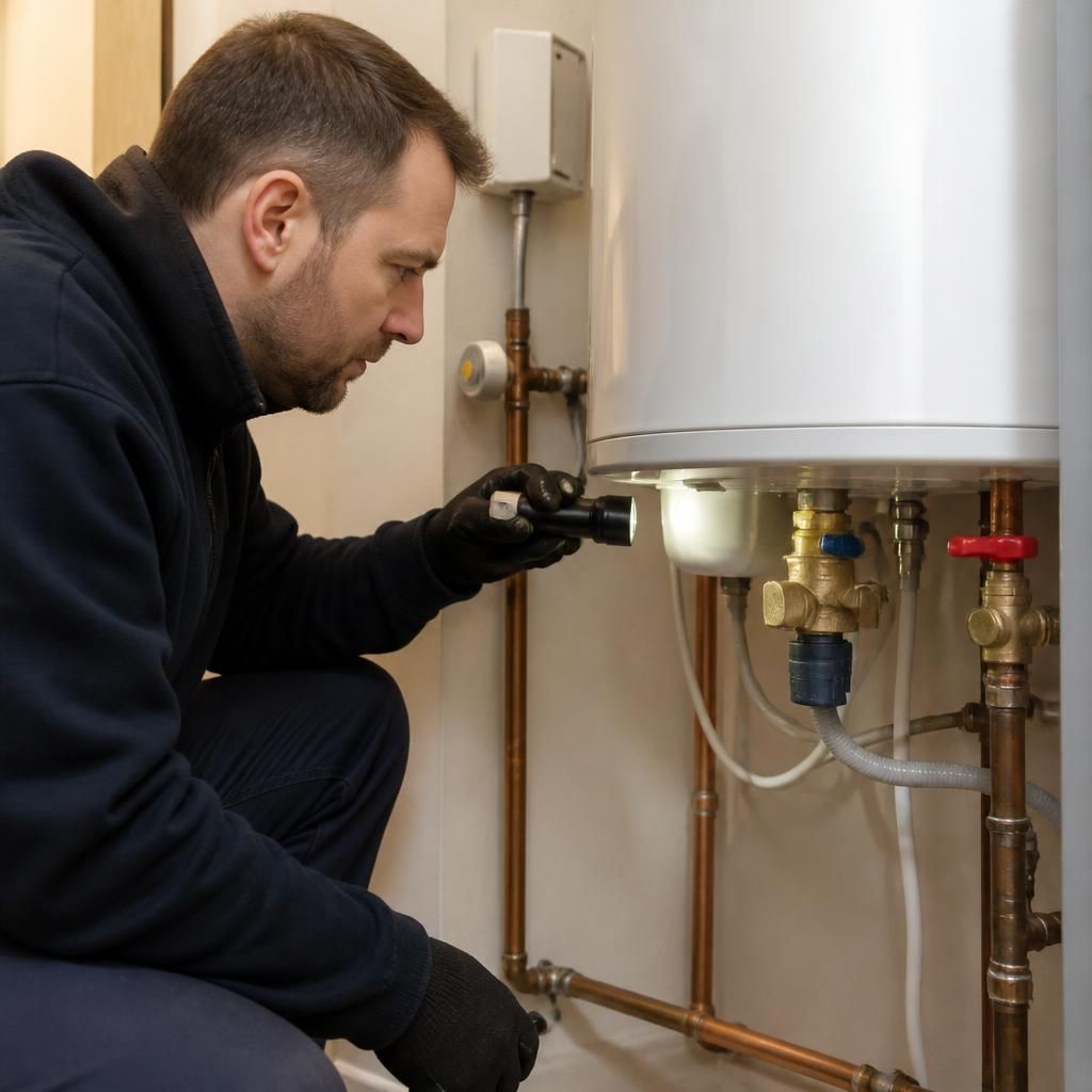 Plumber examining pipework and connections beside a domestic water heater