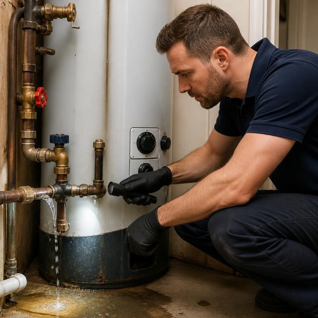 Plumber checking a leaking water heater and surrounding pipework