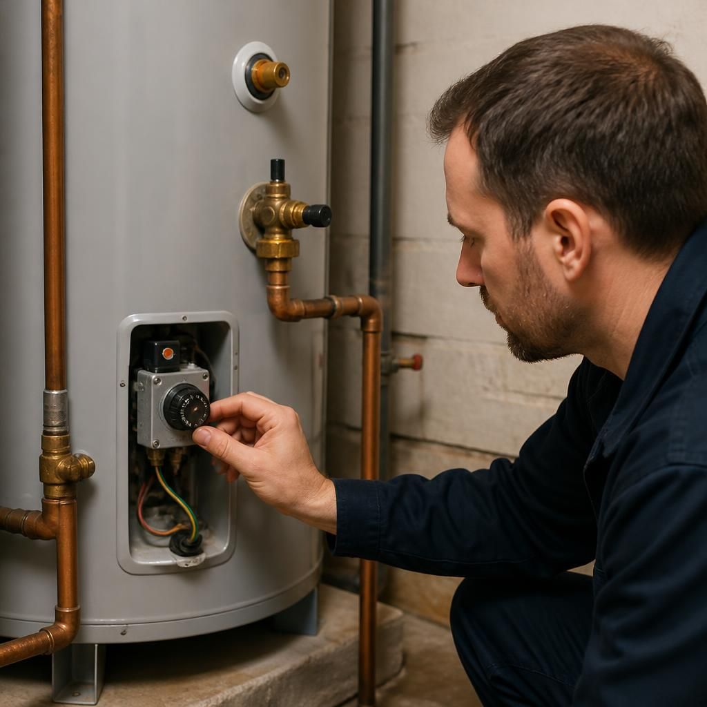Plumber inspecting the thermostat and pipework on a domestic water heater