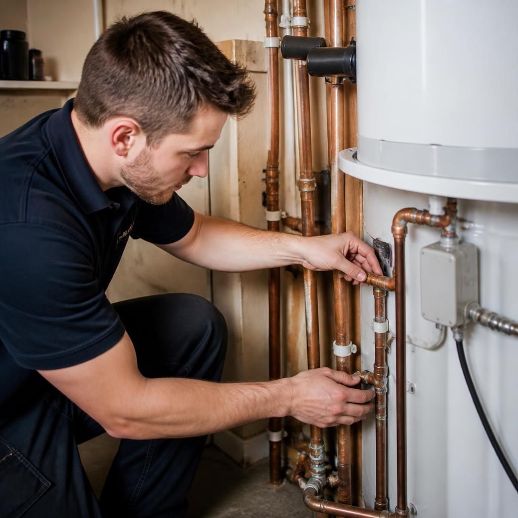 Plumber inspecting a water heater and its connected pipework during an emergency repair