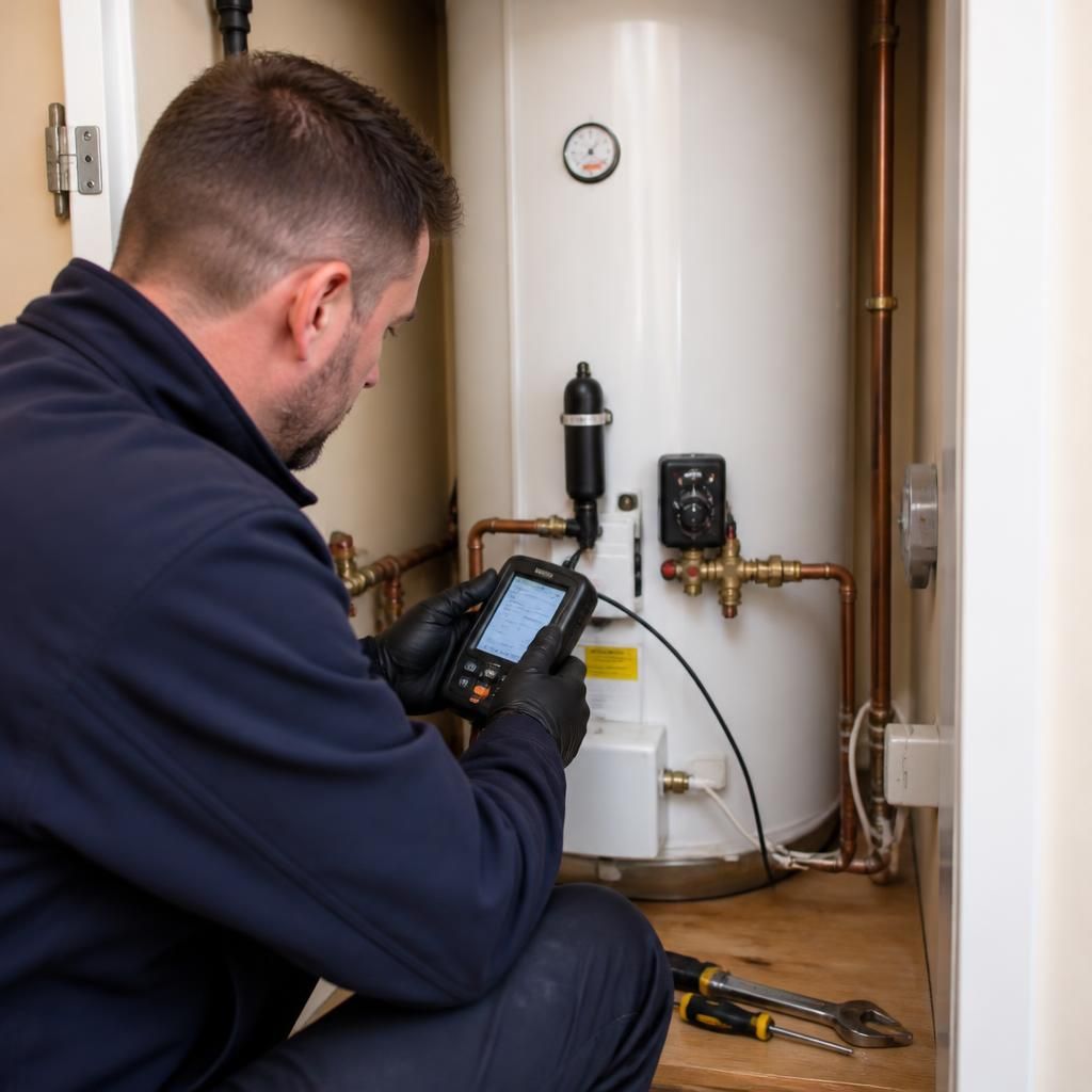 Plumber using diagnostic equipment to assess a domestic water heater fault