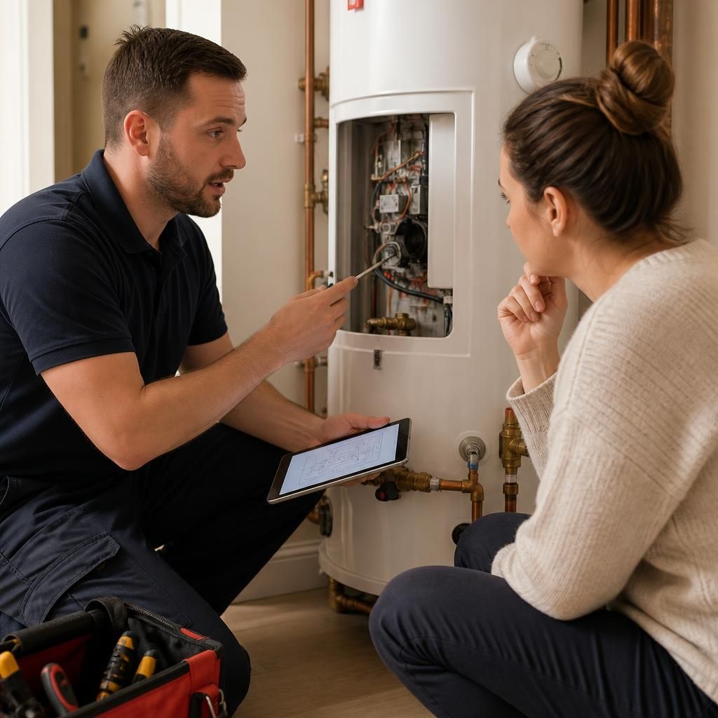 Plumber discussing water heater repair options with a homeowner