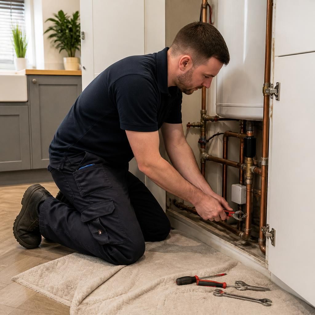 Plumber protecting flooring while carrying out water heater repair work