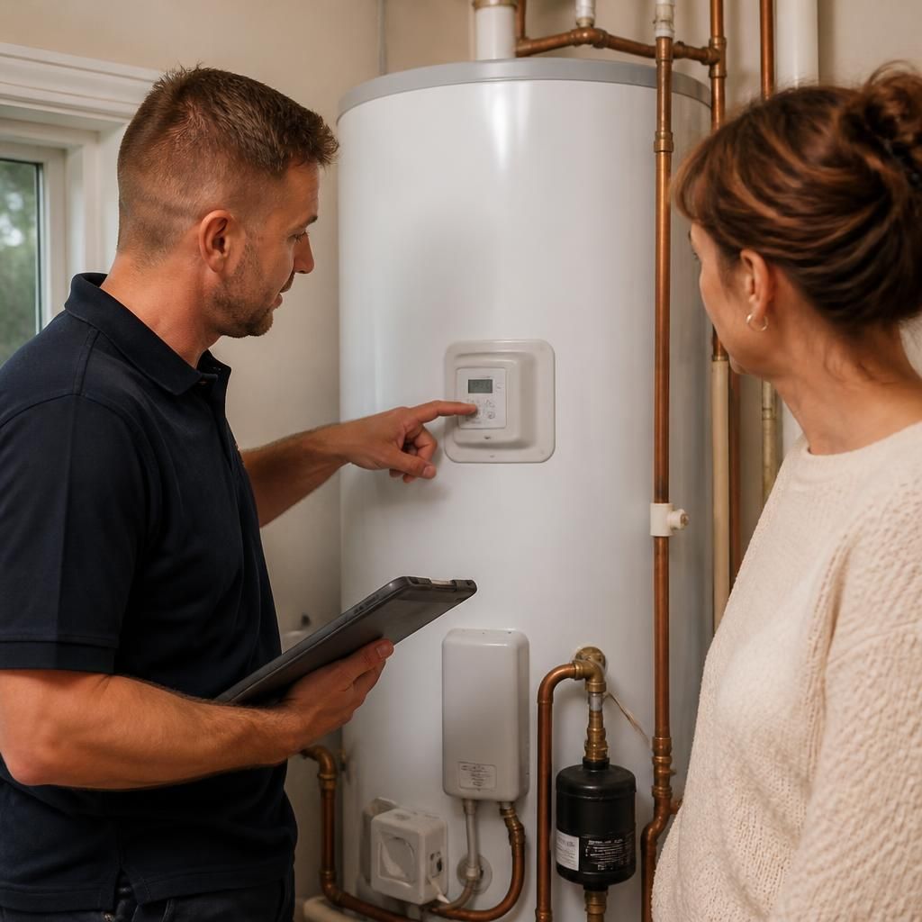 Plumber checking a repaired domestic water heater before completing the job