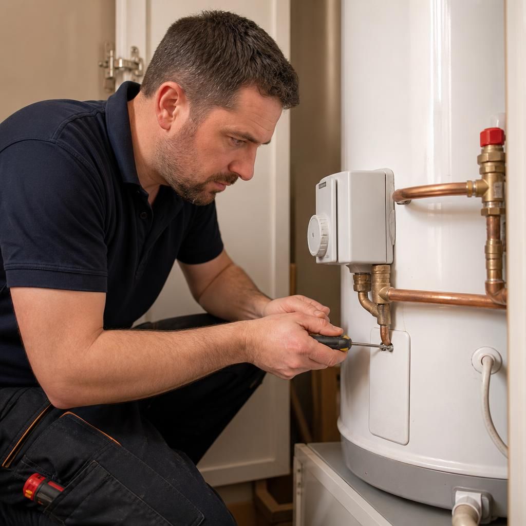 Experienced plumber carrying out emergency water heater repair in a domestic property