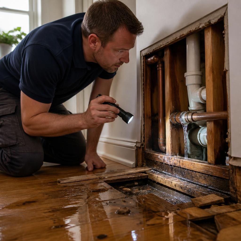 Plumber inspecting a burst pipe beside water-damaged flooring