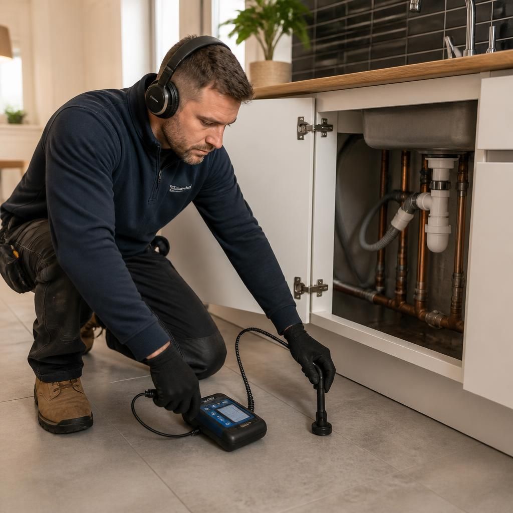 Plumber using electronic leak detection equipment beside a kitchen cabinet