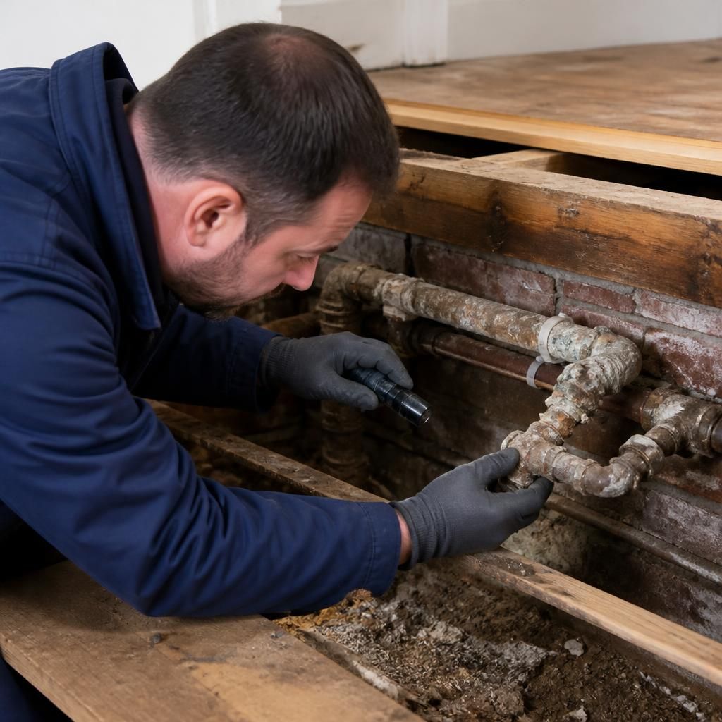 Plumber inspecting corroded pipework beneath a floor