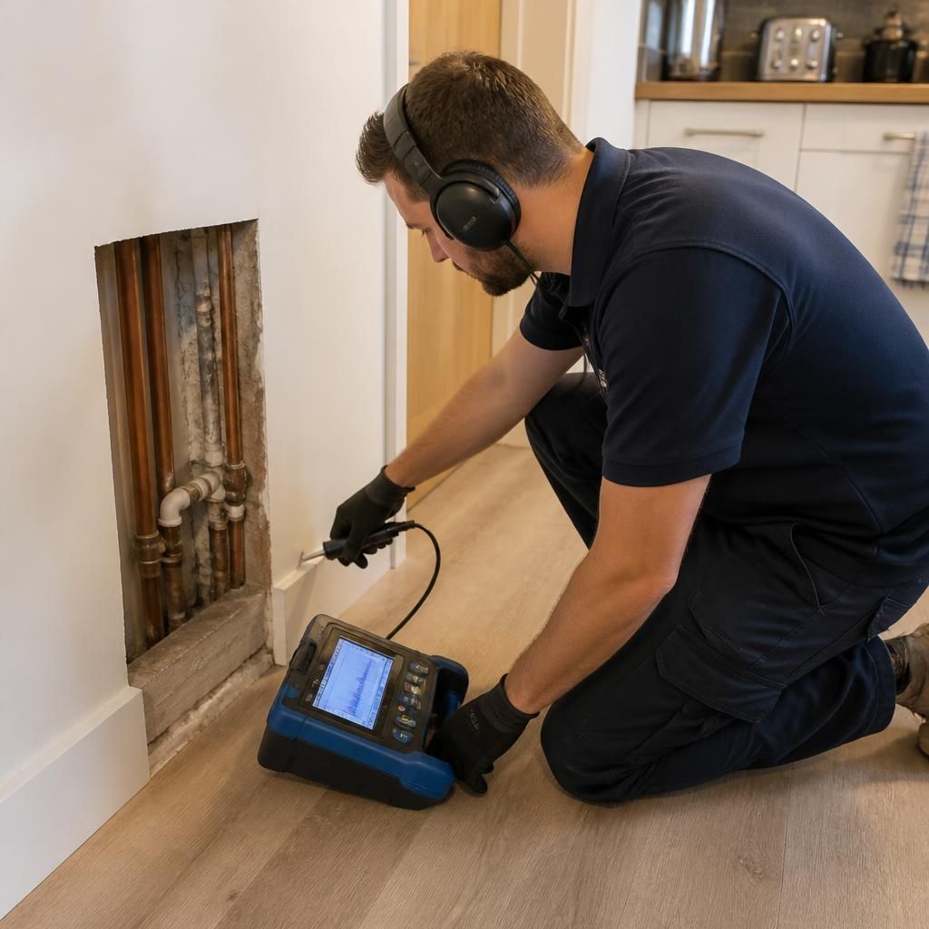 Plumber using specialist equipment to locate a hidden water leak