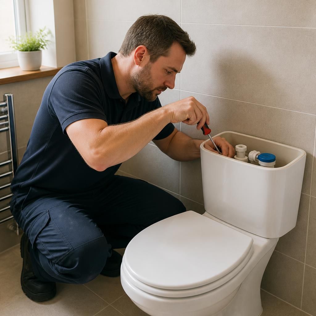 Plumber repairing a household toilet cistern