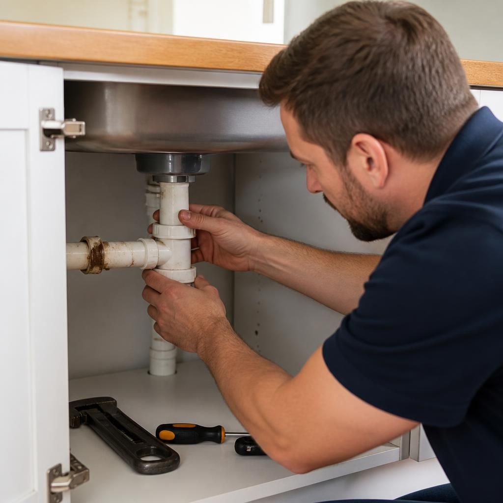 Plumber repairing exposed pipework beneath a household sink