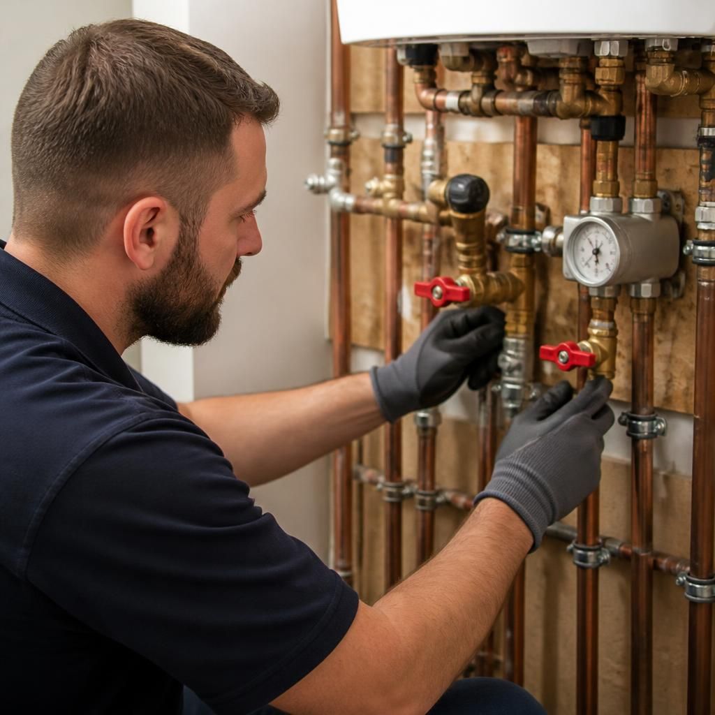 Plumber inspecting valves and pipe connections during planned maintenance