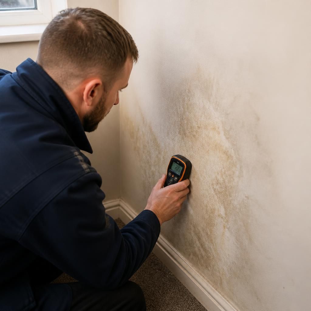 Plumber using a moisture meter to inspect a damp interior wall