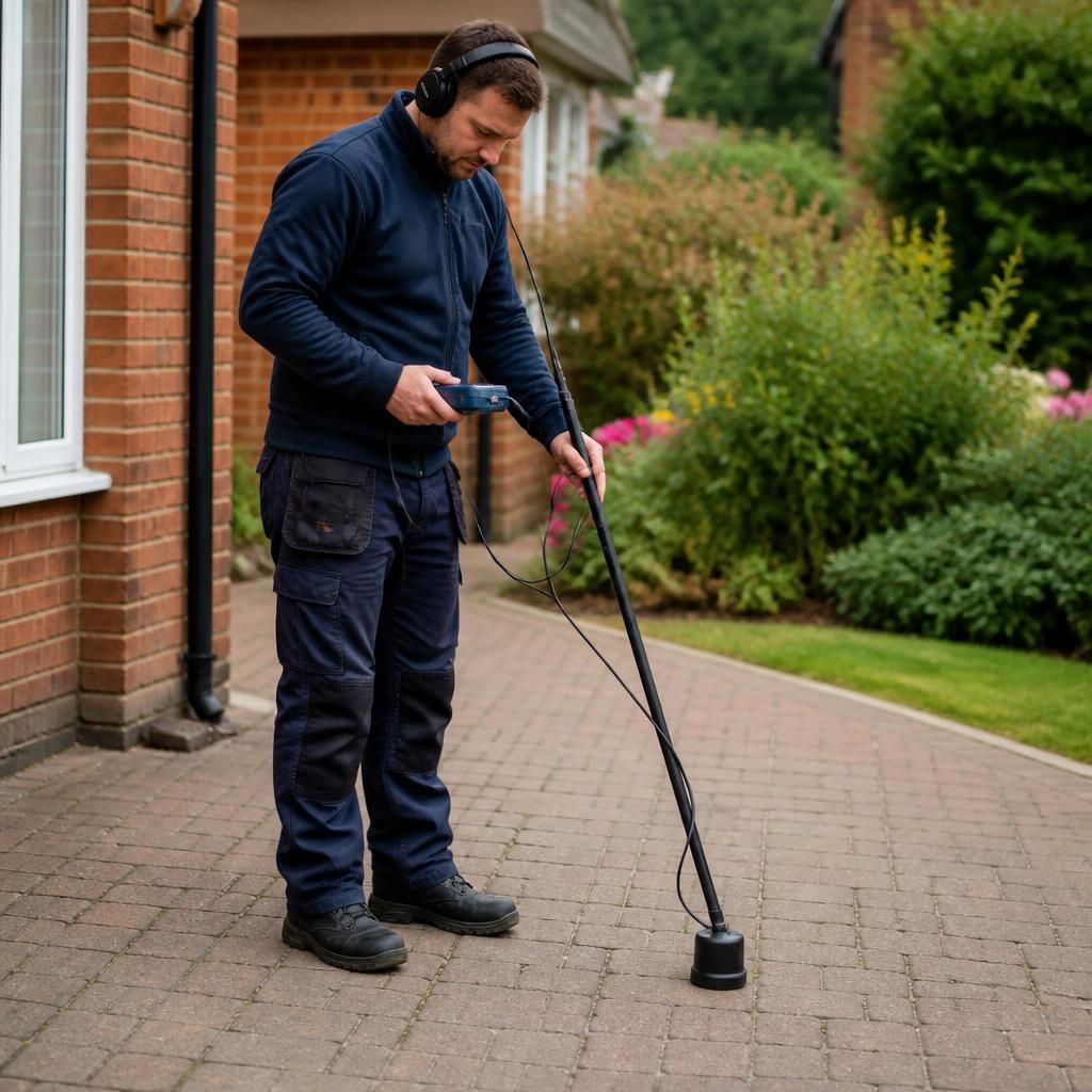 Technician scanning a paved area with underground water leak detection equipment
