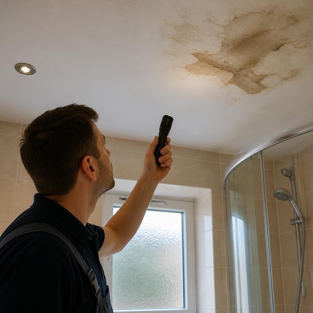 Plumber inspecting water staining on a bathroom ceiling