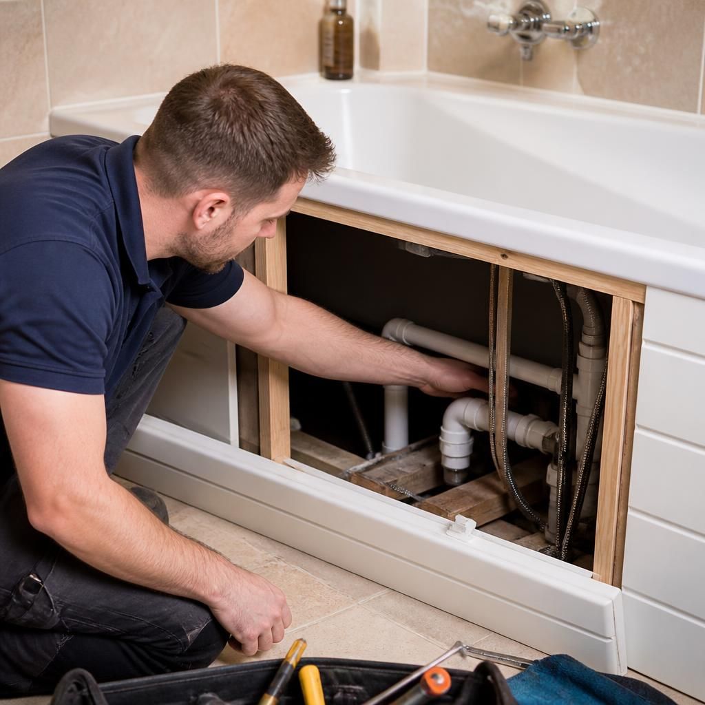 Plumber inspecting pipework beneath a bathtub through an open side panel