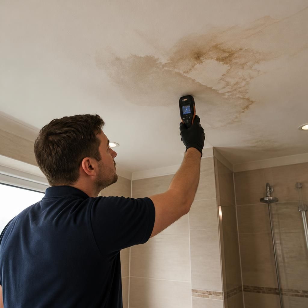 Plumber using a moisture meter to inspect a stained bathroom ceiling