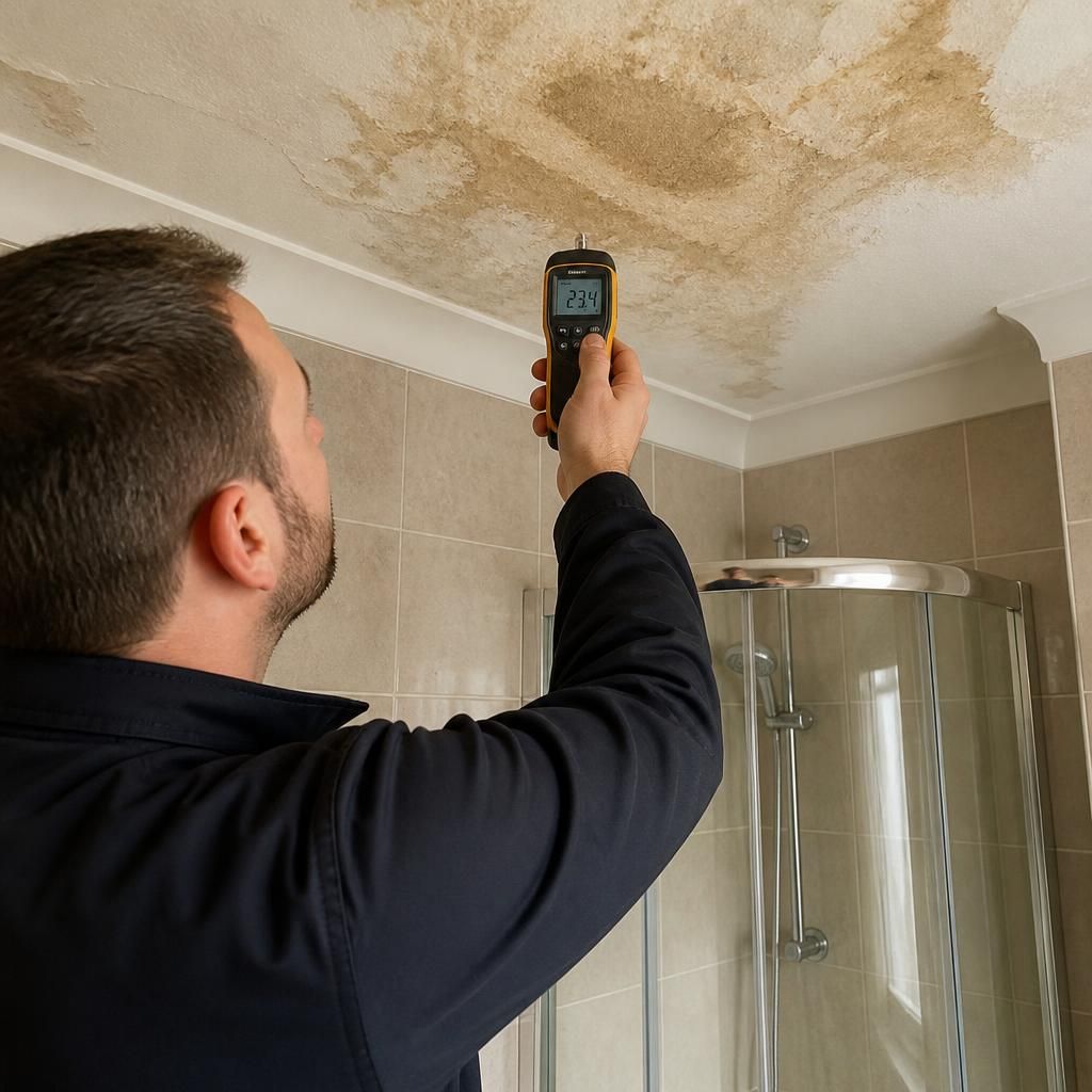 Moisture meter being used to inspect a stained bathroom ceiling
