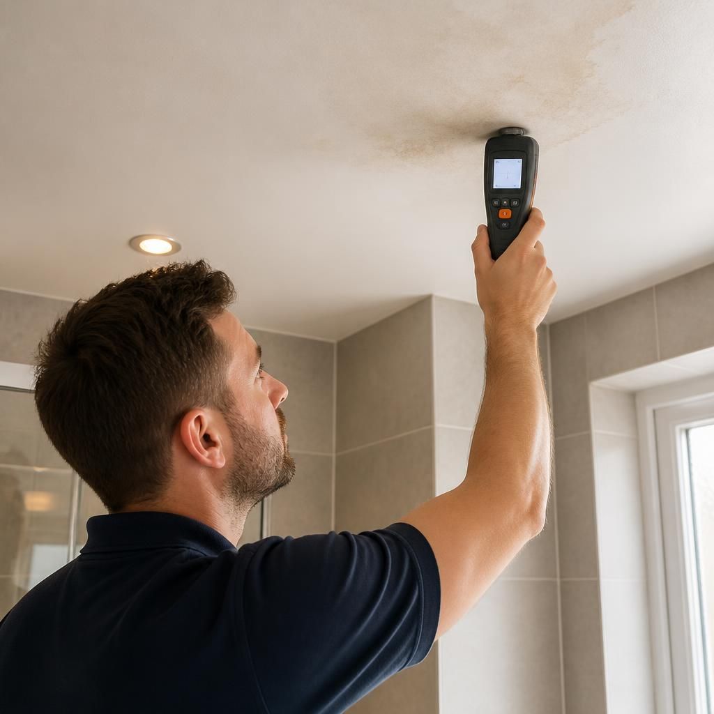 Plumber using a moisture meter on a bathroom ceiling