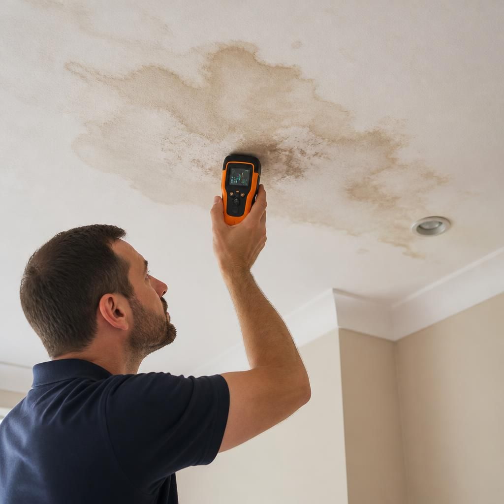 Technician using a moisture meter to inspect a stained ceiling