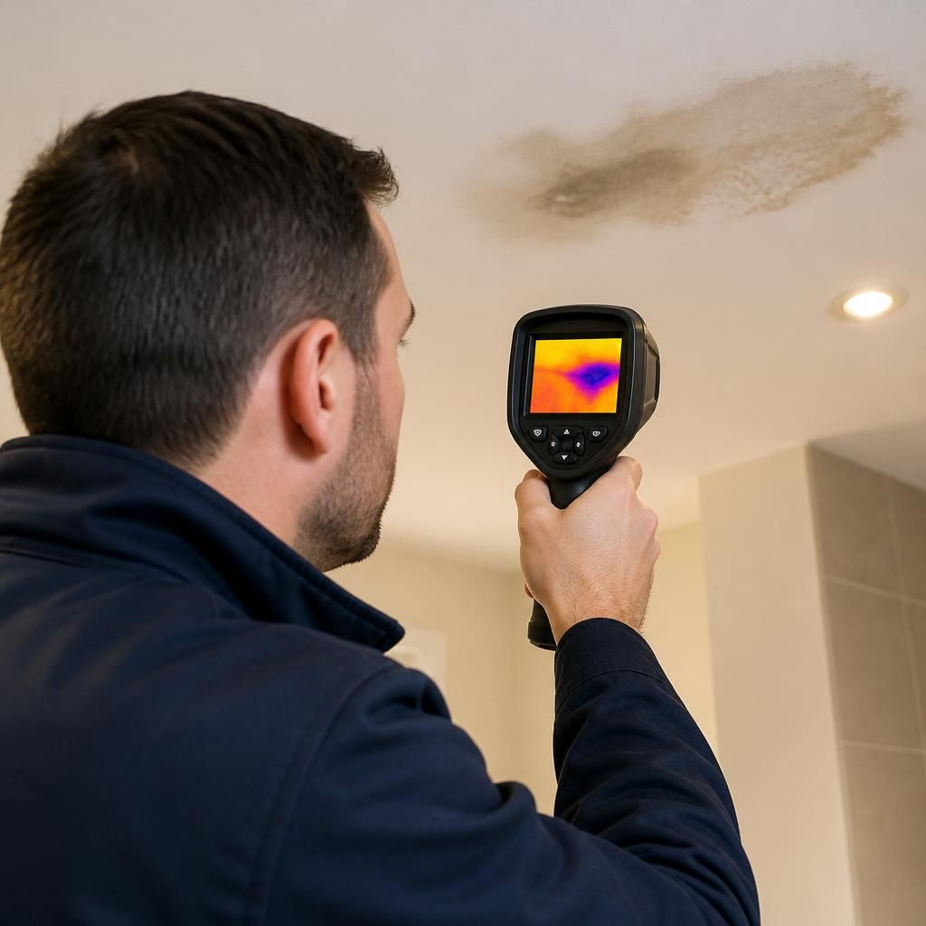Plumber using a thermal imaging camera to inspect a ceiling for concealed moisture