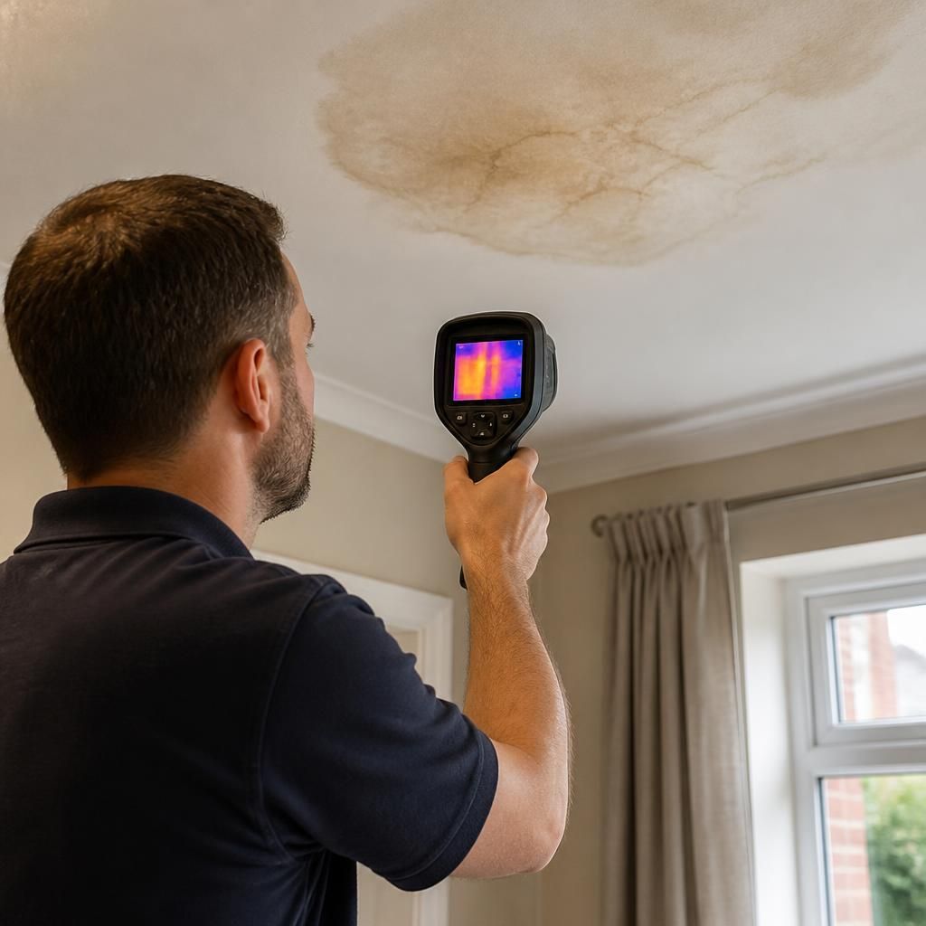 Plumber using a thermal imaging camera to inspect a stained ceiling
