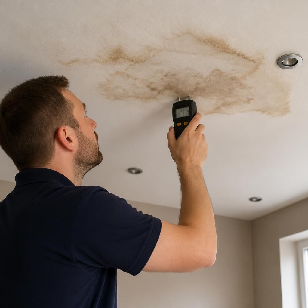 Technician using a moisture meter to inspect a stained ceiling