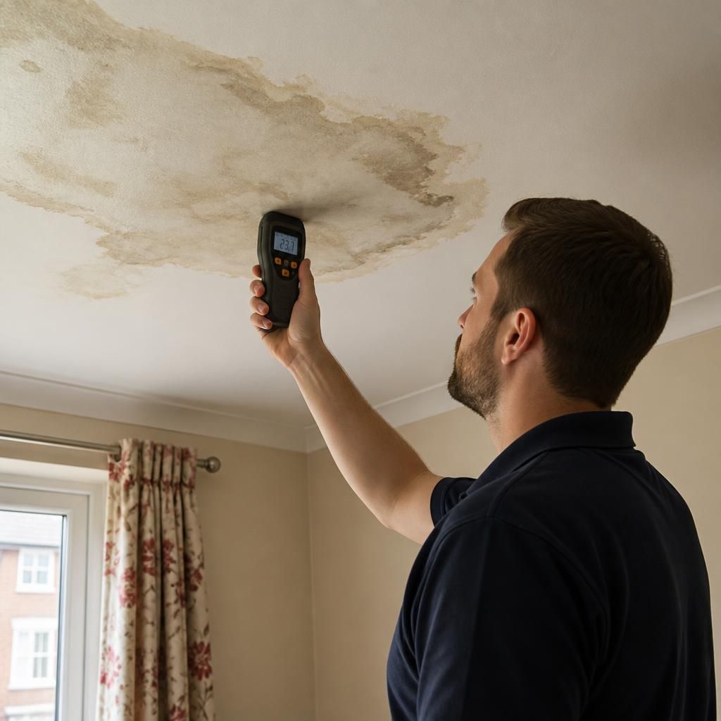 Technician using a moisture meter to inspect a stained ceiling in a flat