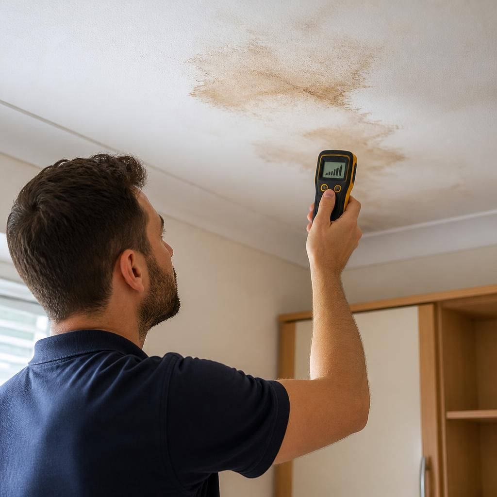 Plumber checking a stained ceiling with a moisture meter