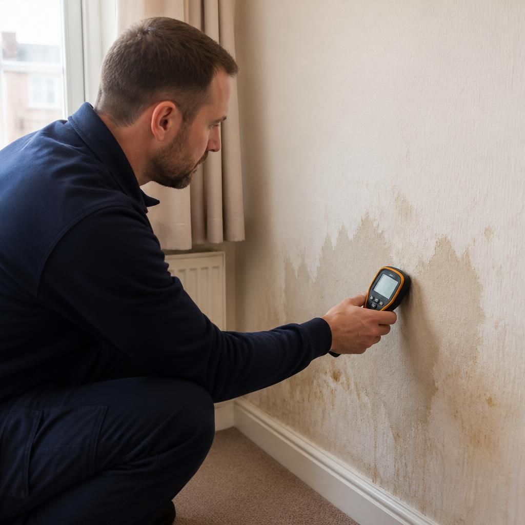 Plumber checking a damp wall inside a rented home