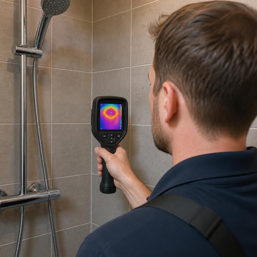 Plumber using a thermal imaging camera to inspect a tiled shower wall