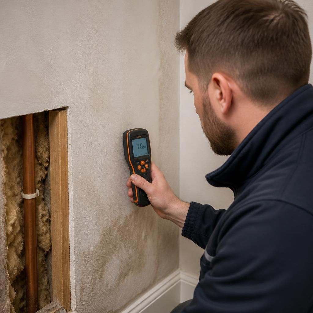 Plumber using a moisture meter to inspect a wall near a concealed pipe