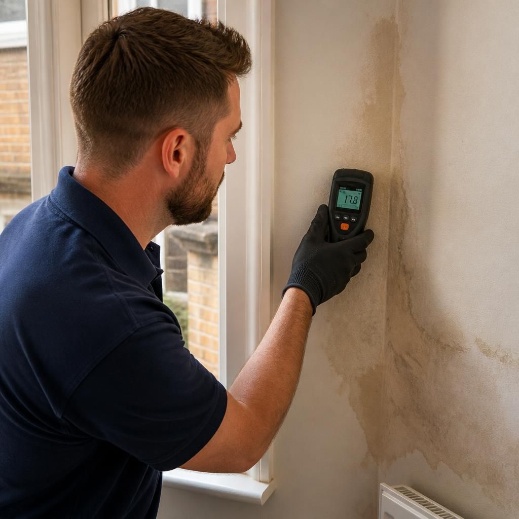 Plumber using a moisture meter to check a damp interior wall