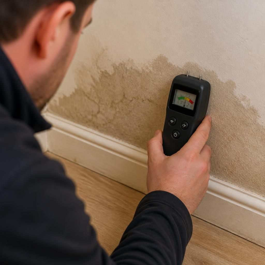Moisture meter being used to inspect a damp patch on an internal wall