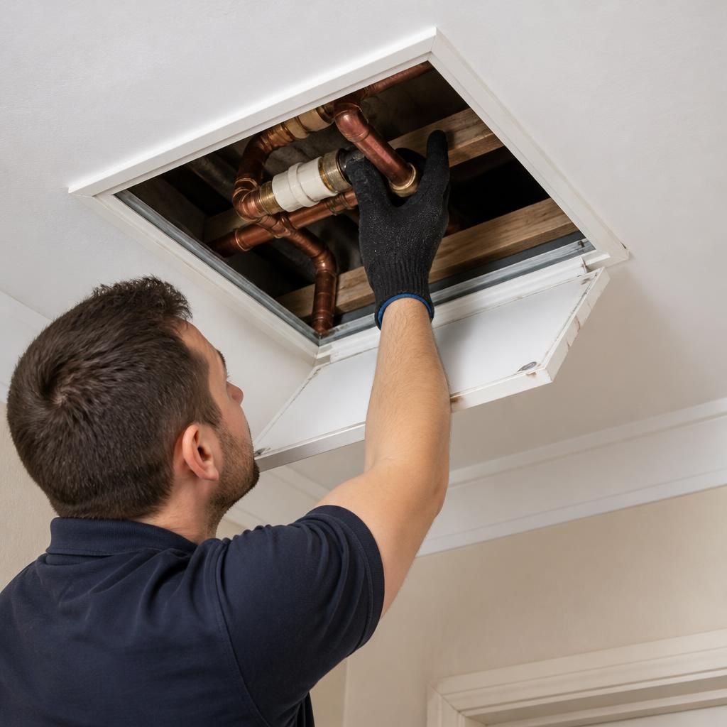 Plumber inspecting pipework through a ceiling access panel