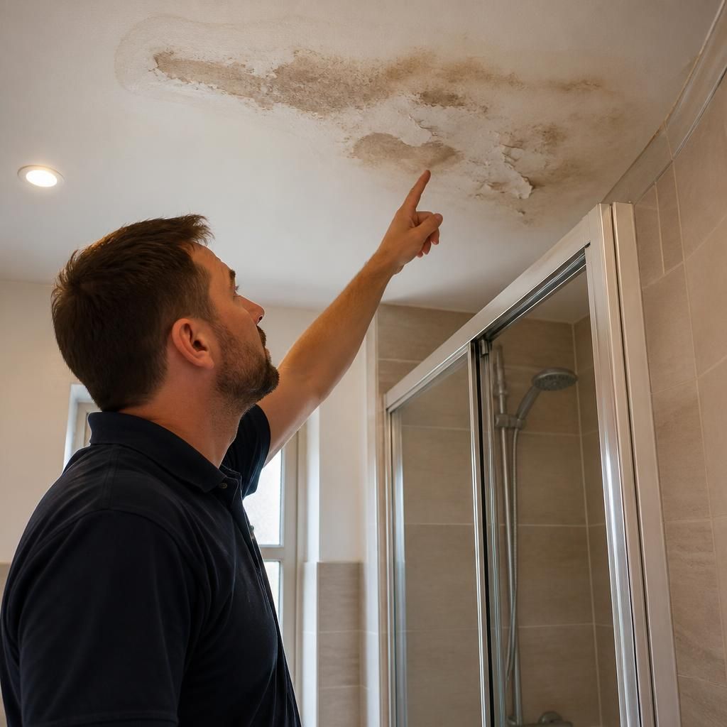 Plumber examining ceiling staining beneath an upstairs bathroom